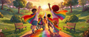 Regenbogenkinderfest Banner – KInder rennen auf Regenbogen Richtung Sonnenuntergang