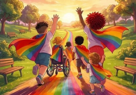 Regenbogenkinderfest Banner – KInder rennen auf Regenbogen Richtung Sonnenuntergang